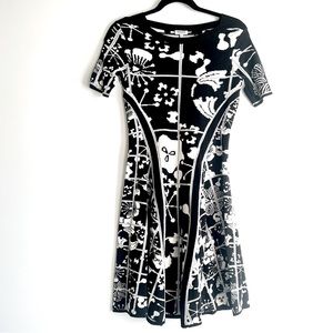 Kenzo Paris Tanami Flower Cotton Knit Black White Fit & Flare Dress Size XS